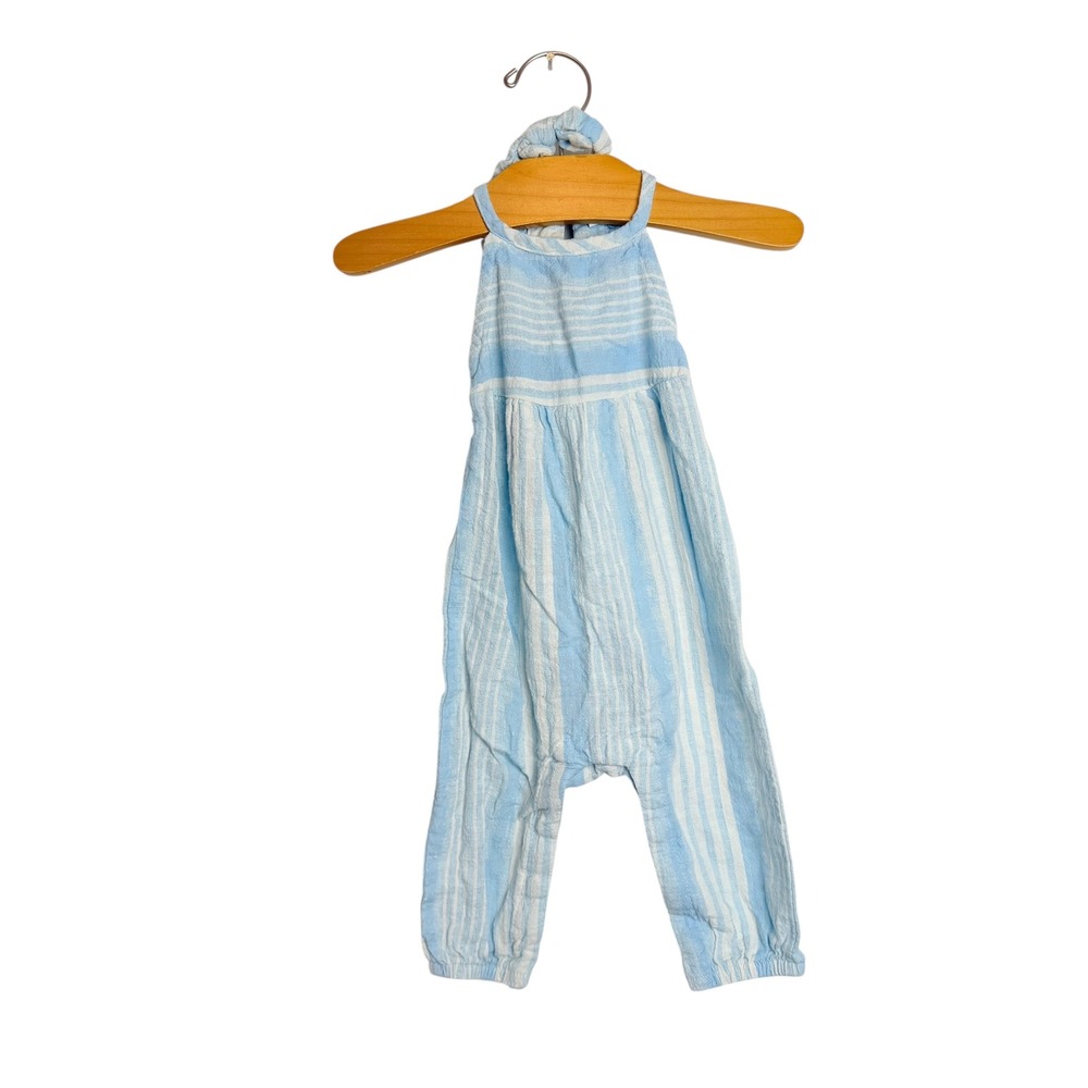 Jessica Simpson Baby Girls Blue White Striped Lace Halter Jumpsuit Headband 3/6M